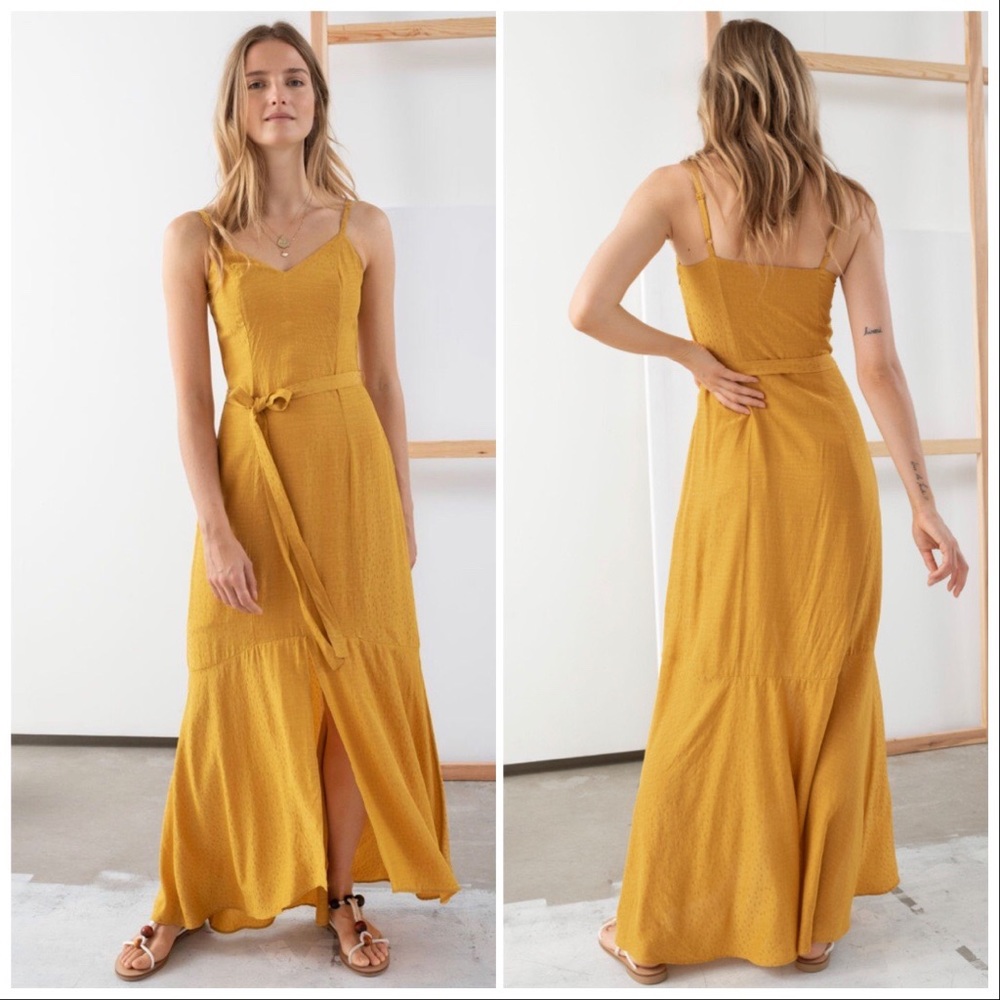 & Other Stories V Neck Belted Dress Mustard Dot 4